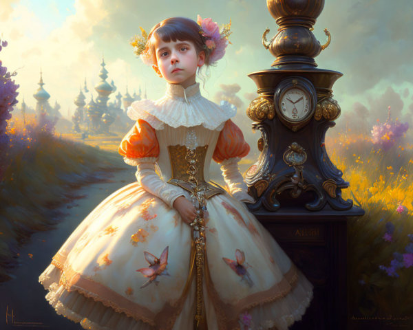 Young girl in vintage dress by ornate clock in golden-lit landscape