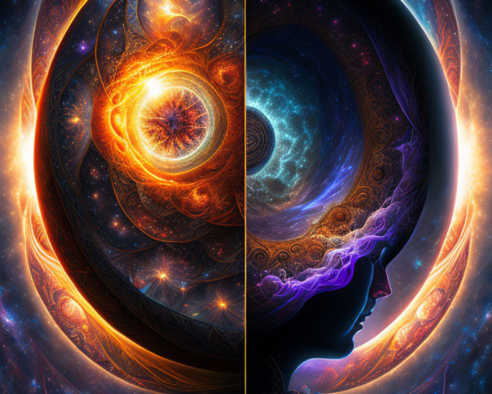 Vibrant cosmic digital artwork with female silhouette