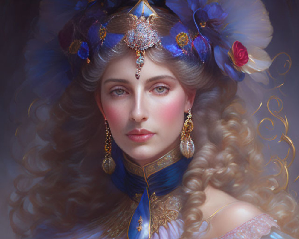 Regal woman in blue and gold dress against moody backdrop