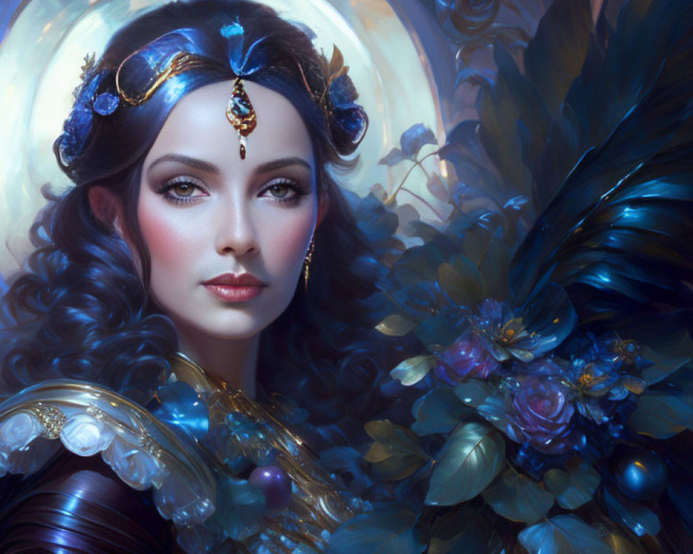 Fantasy portrait of woman with blue wavy hair and jewels, surrounded by feathers and floral motifs.