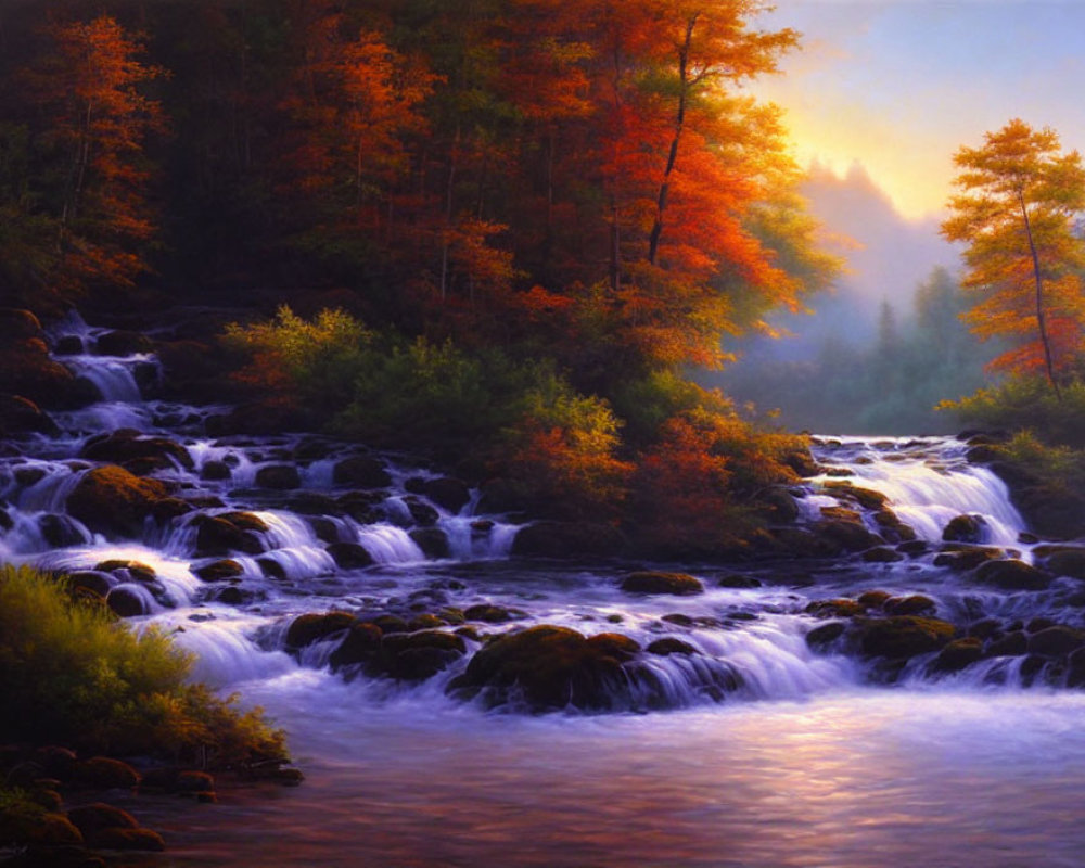 Tranquil autumn landscape with river, vibrant trees, golden light