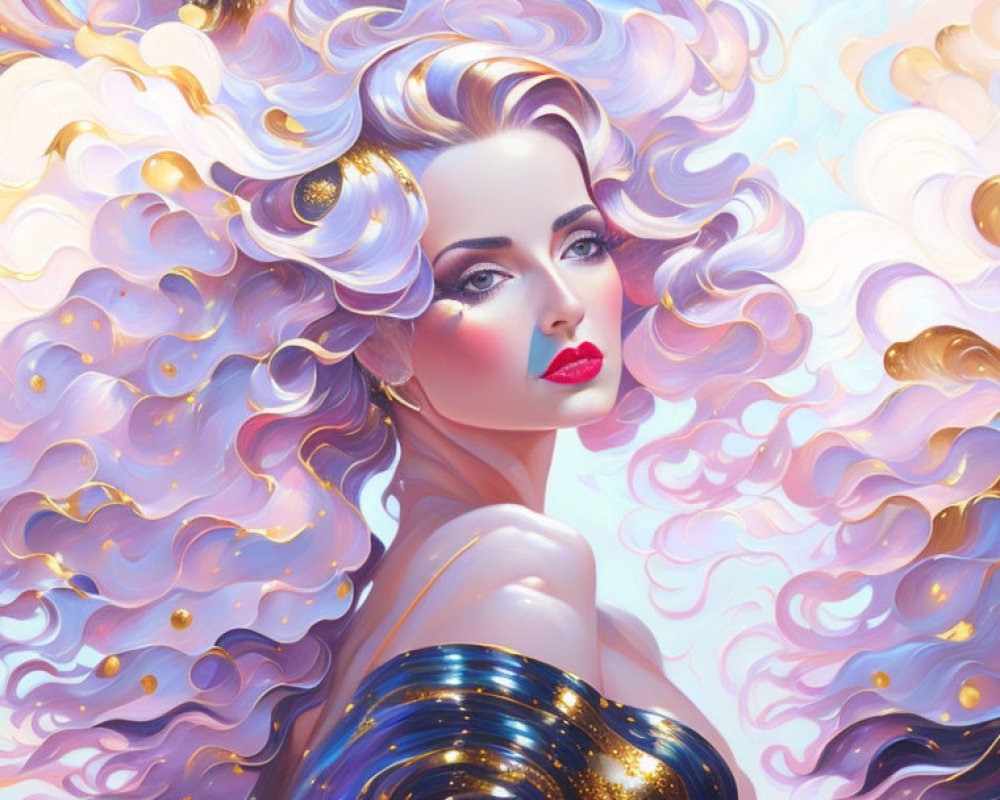 Stylized digital artwork: woman with flowing hair, pastel tones, red lips