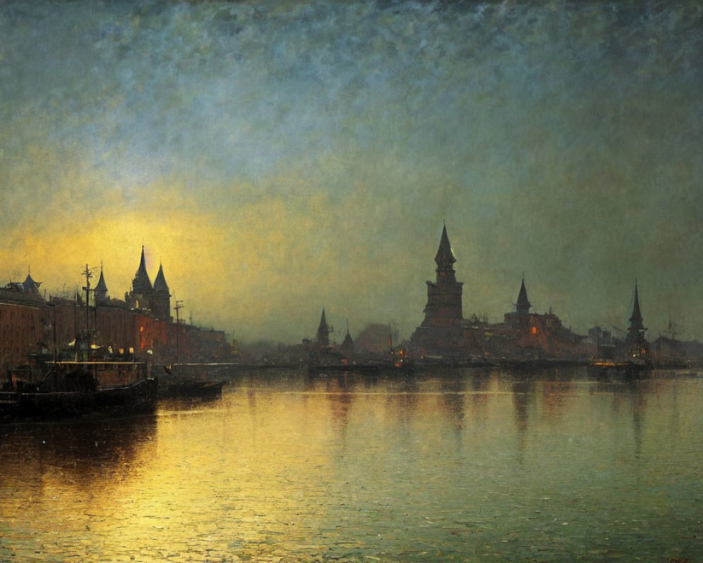 City skyline painting at dusk with silhouetted spires and water reflections.