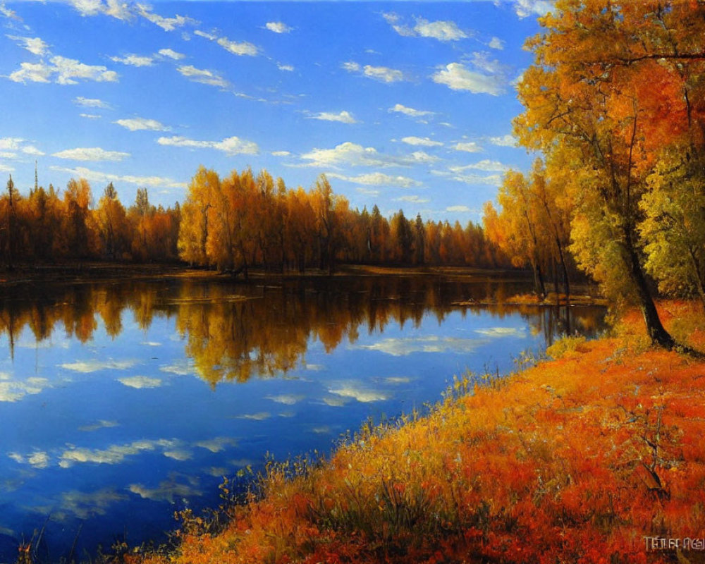 Tranquil autumn landscape: golden trees, still lake, blue sky.