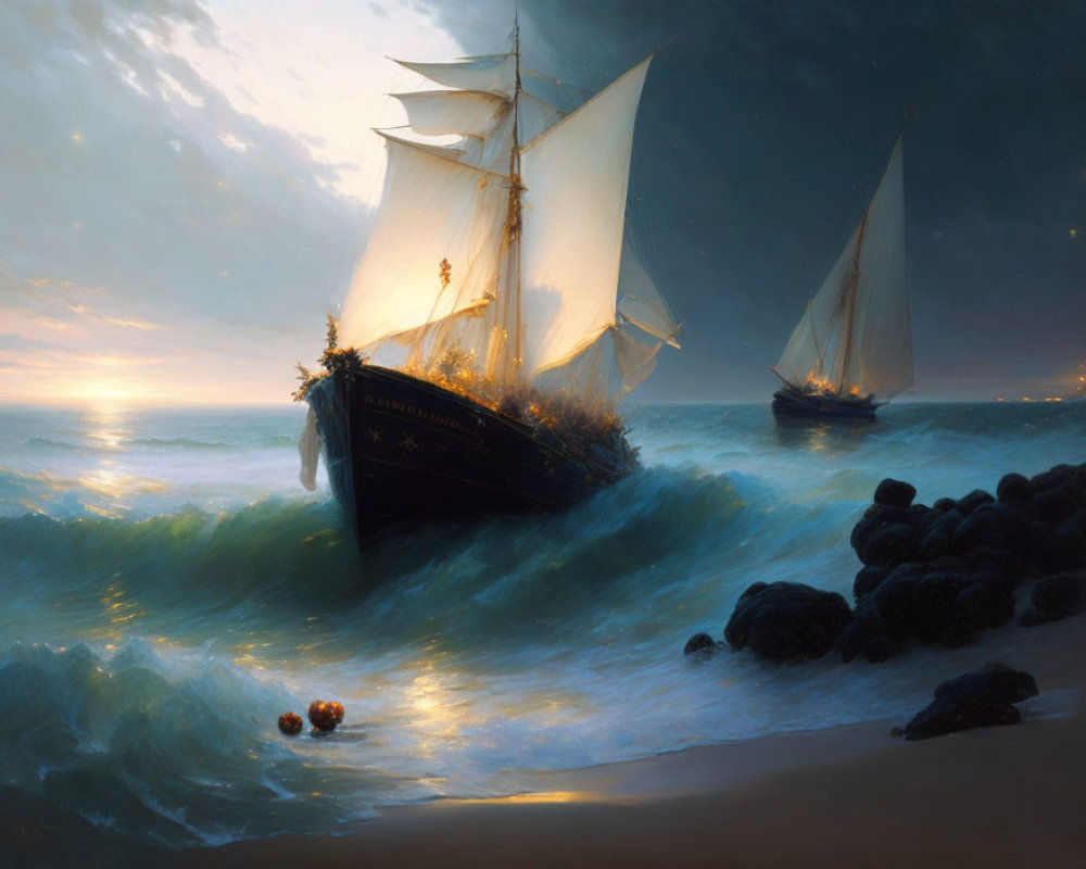Sailing ships on tumultuous seas near rocky shore with sun glow and dark clouds