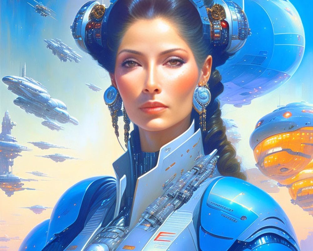 Futuristic female figure with elaborate headdress in vibrant sci-fi cityscape