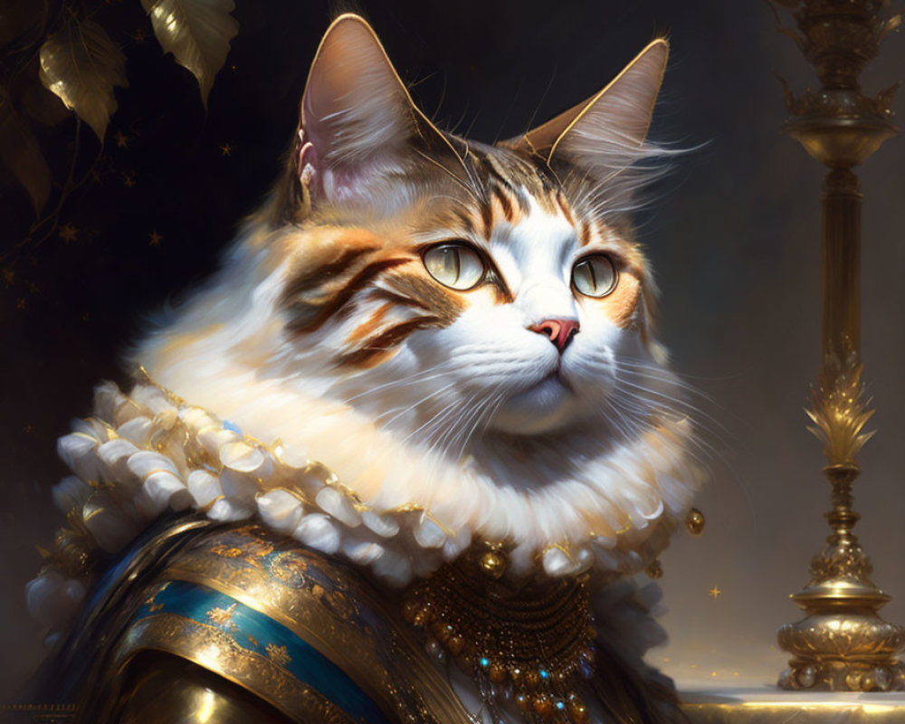 Regal cat with amber eyes in blue-golden armor and pearls against ornate backdrop