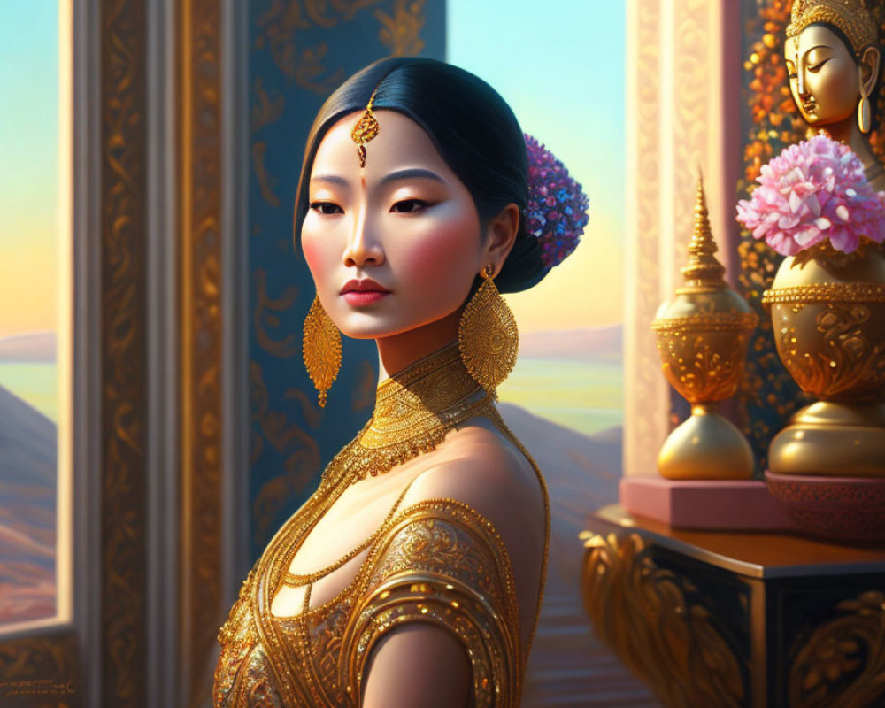 Digital artwork: Elegant woman in traditional Asian setting