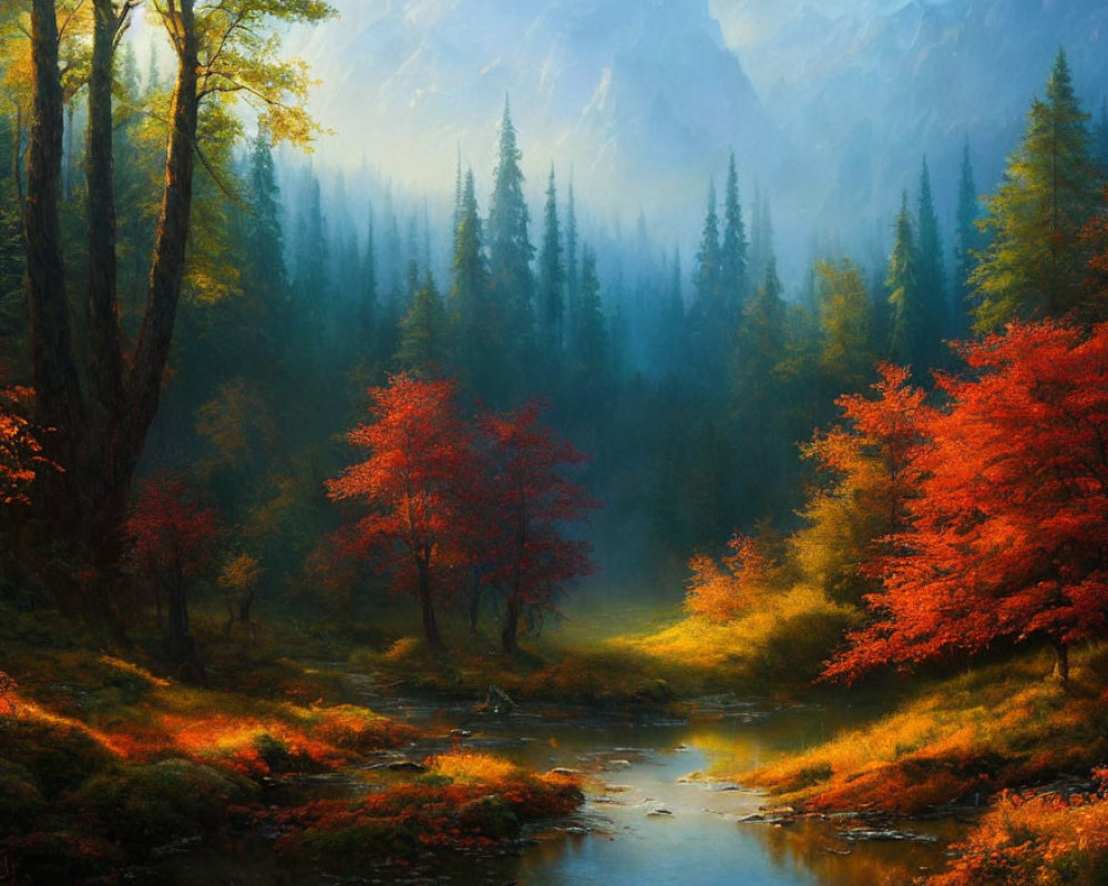 Tranquil autumn landscape: vibrant red trees, serene stream, misty light