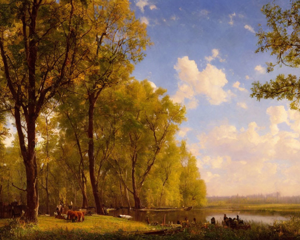 Tranquil landscape with tall trees, river, people, and horse
