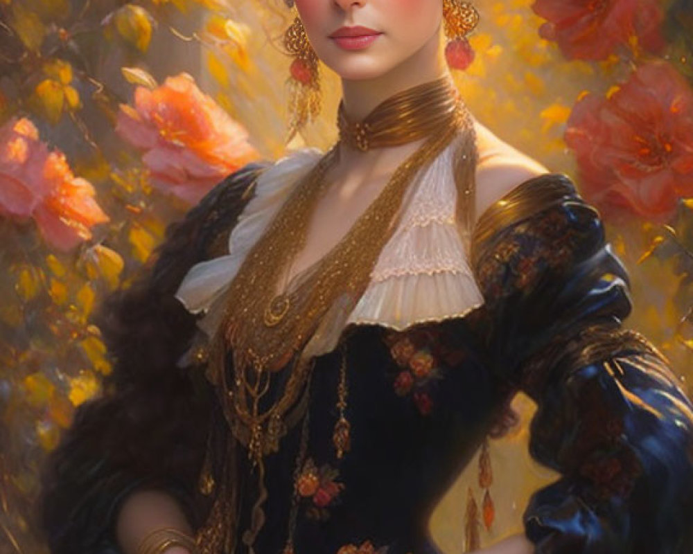 Vintage Attire Woman with Jeweled Headpiece in Floral Background