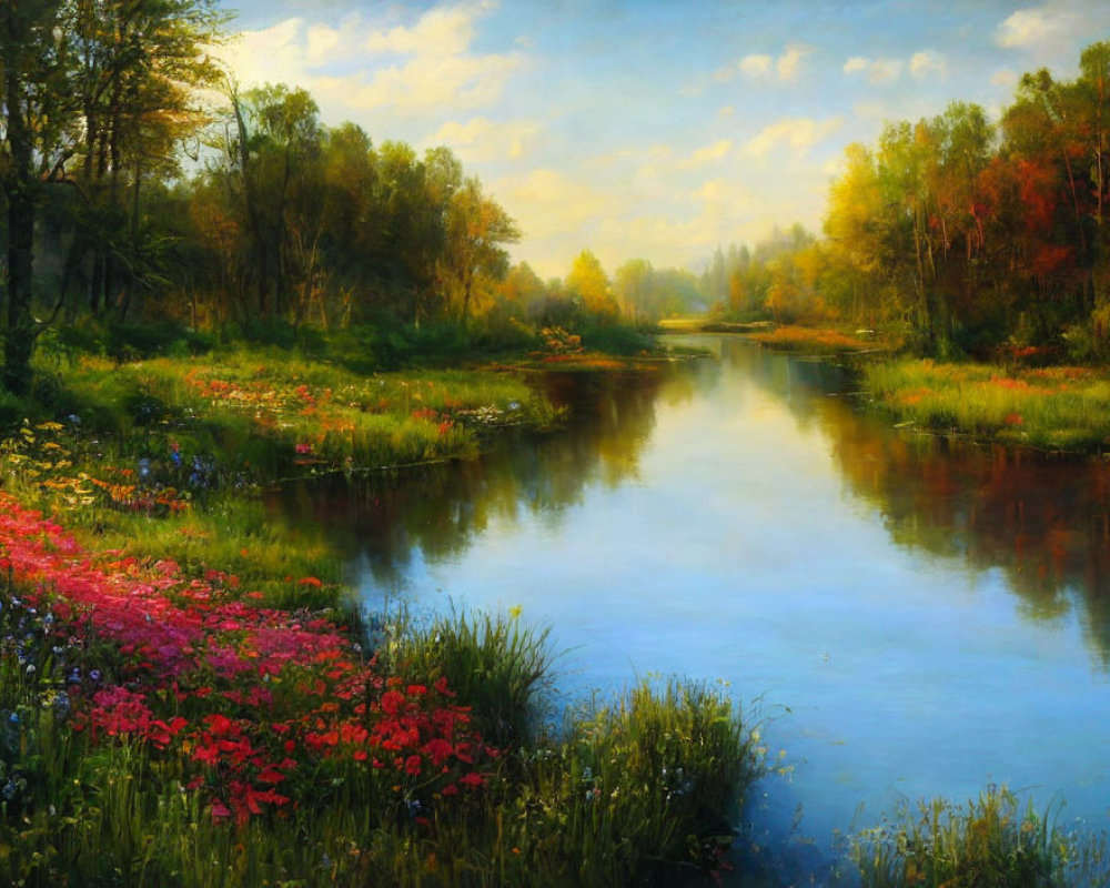 Tranquil river landscape with lush trees and blooming flowers at sunset