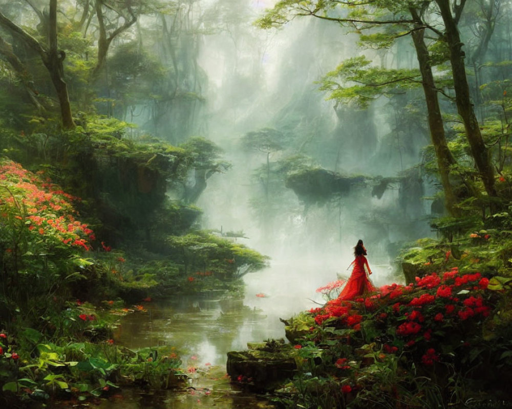 Tranquil forest landscape with mist, greenery, red flowers, and person in red dress