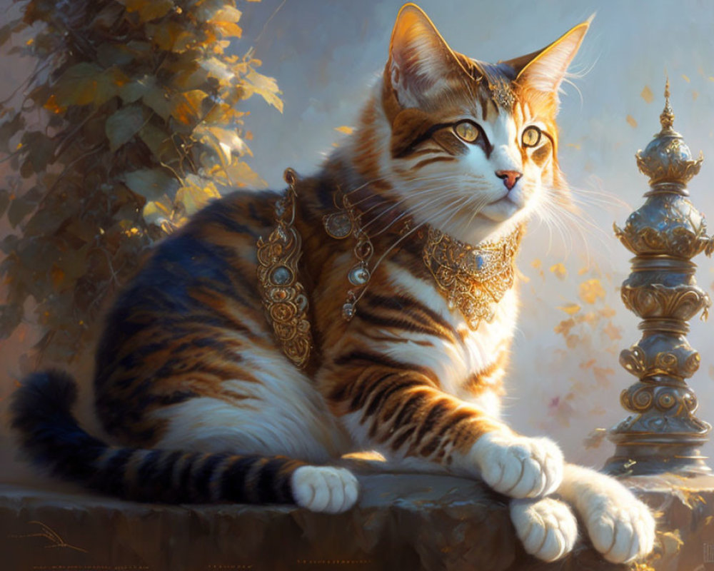 Elegant cat adorned with jewelry in opulent setting