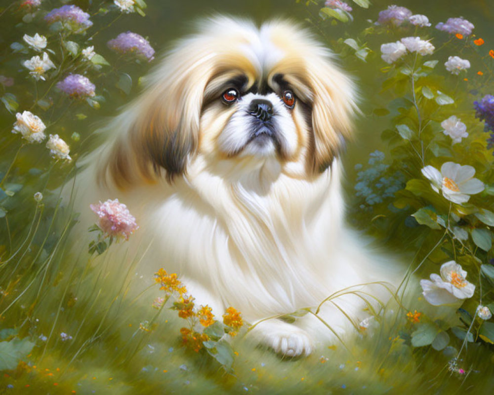 Fluffy dog with black-and-white face in colorful flower field