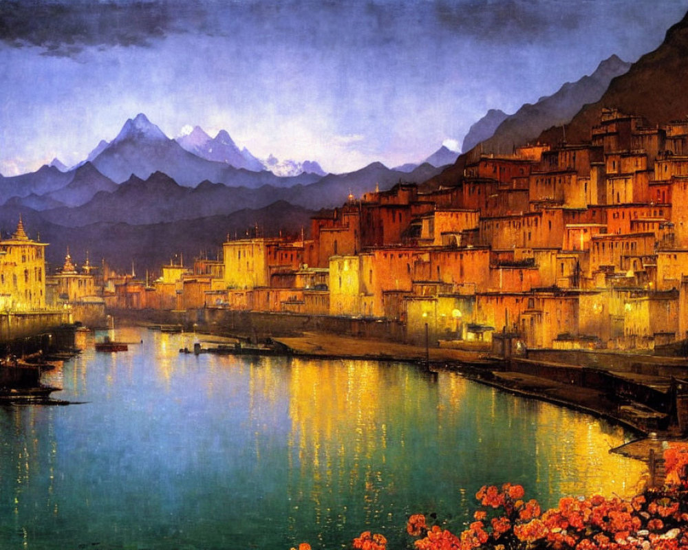 Twilight waterside town painting with mountains and flowers