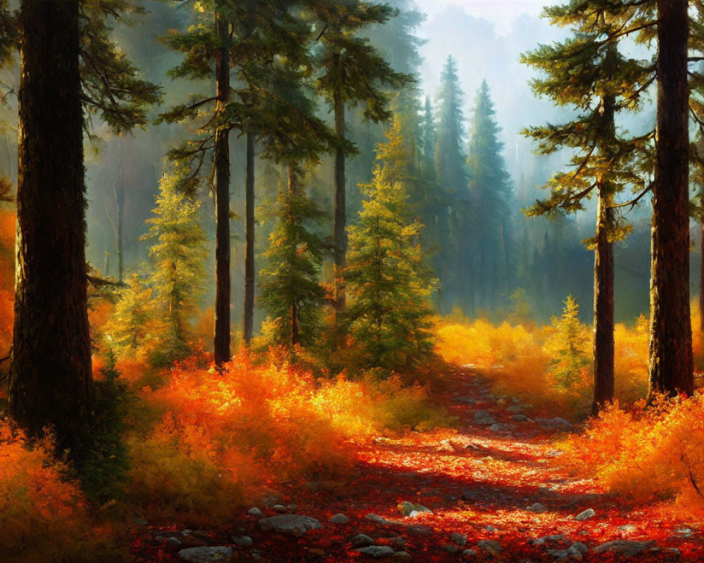 Tranquil woodland path with golden light and autumn foliage
