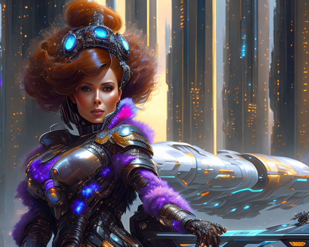 Futuristic woman in hi-tech armor with elaborate hair in futuristic setting