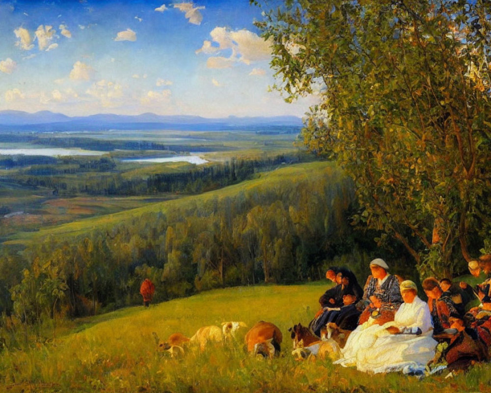 Scenic painting of people and dogs on sunny hillside