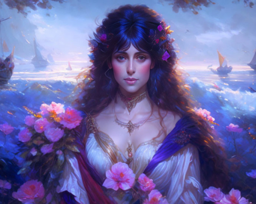Fantasy illustration of woman with dark hair and floral dress by serene lake.