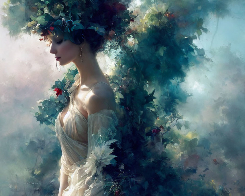 Ethereal woman in white gown among misty floral background