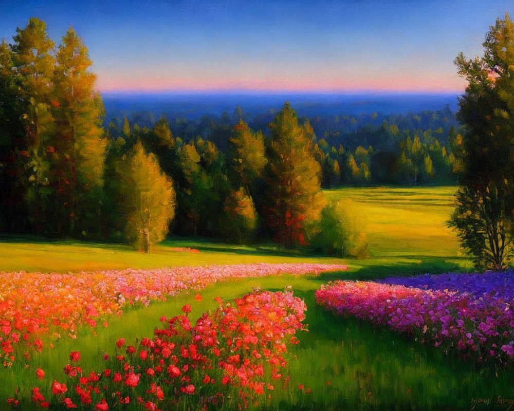 Colorful meadow painting with flowers, forest, and pastel sky