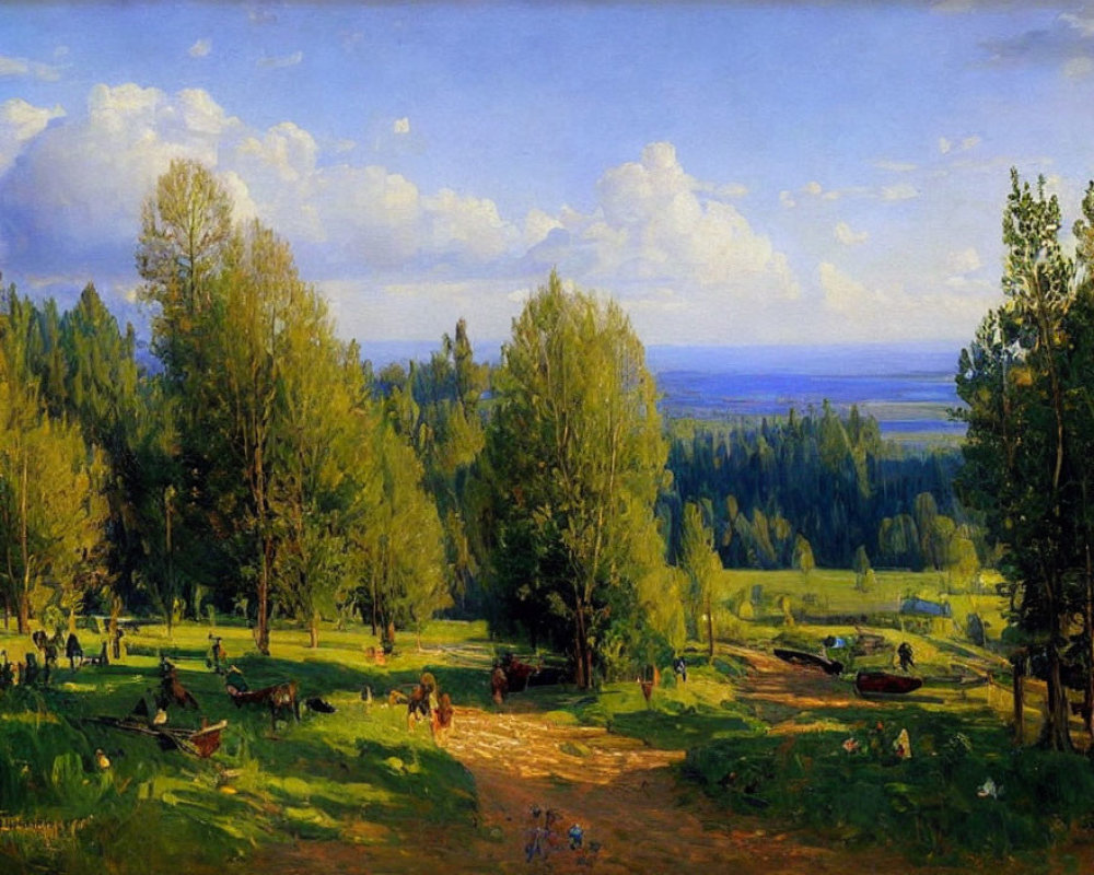 Sunlit forest clearing with people strolling in distant fields.