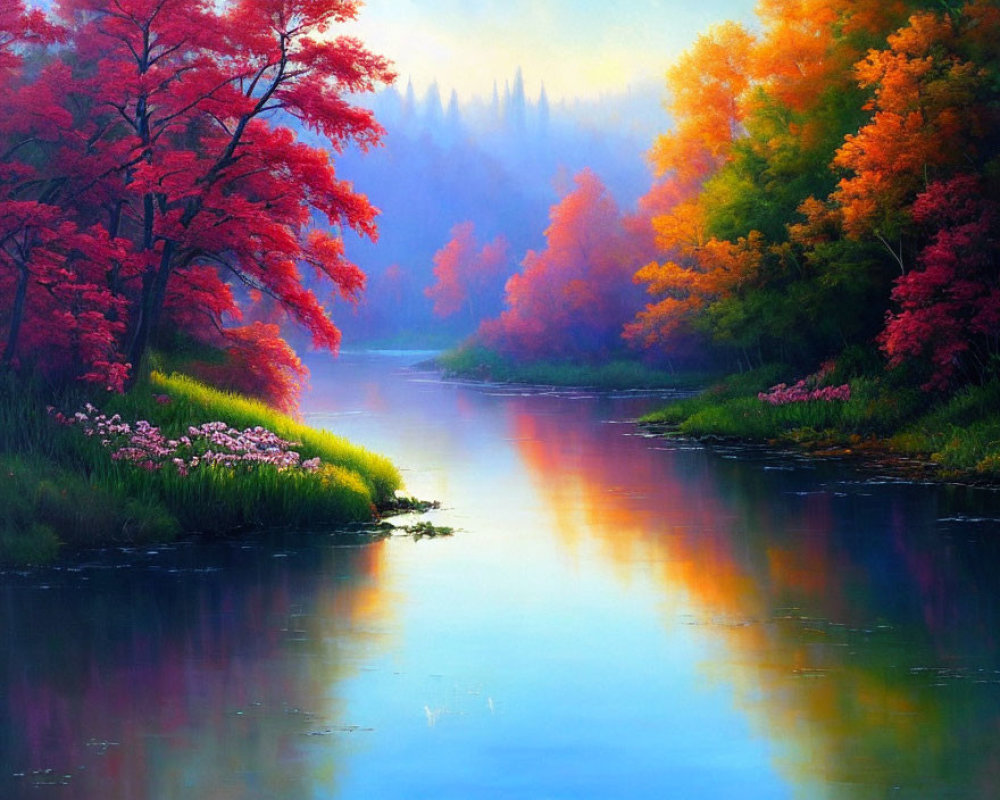 Tranquil river with vibrant autumn trees and reflections