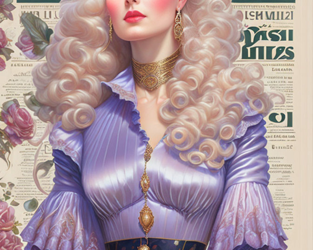 Woman with Curly Hair in Victorian Dress on Vintage Newspaper Background