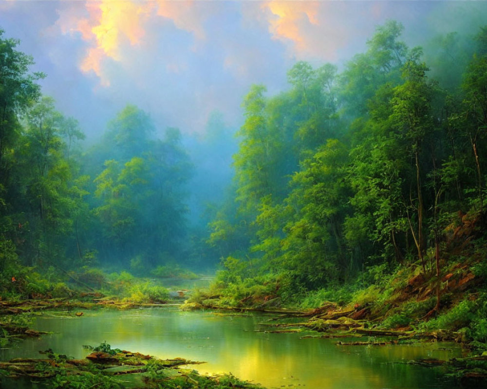 Tranquil forest landscape with river and colorful sky