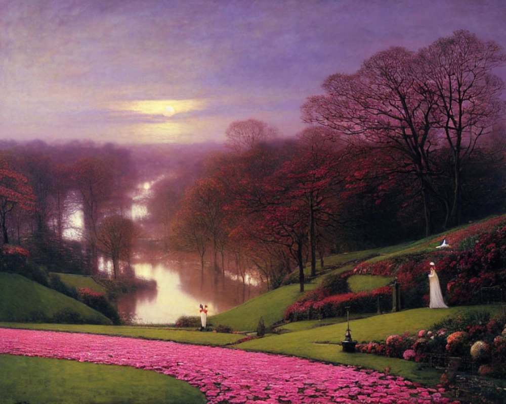 Tranquil dusk landscape with pink flowers, serene river, autumn trees, moonlit sky, and