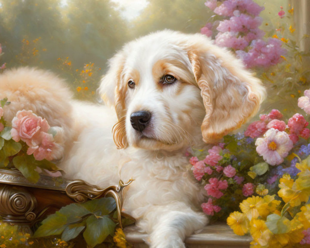 Fluffy white dog with brown ears in blooming flower garden
