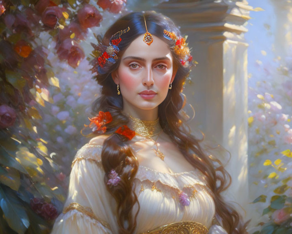 Portrait of Woman with Floral Crown and Jewelry Among Flowers and Columns