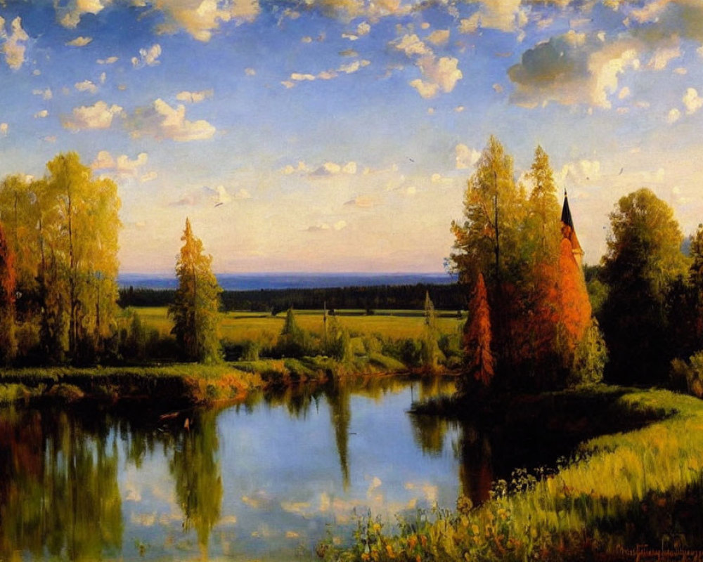 Tranquil landscape painting of serene river and autumn trees