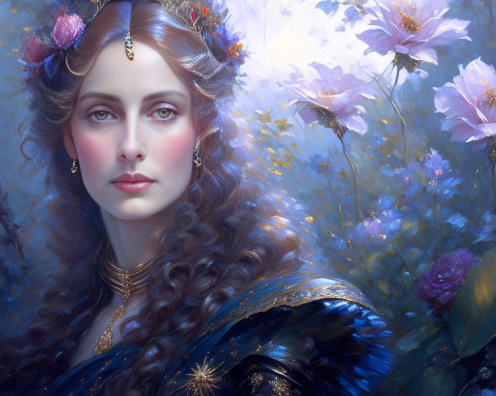Ethereal woman in deep blue attire with gold jewelry in lush floral setting