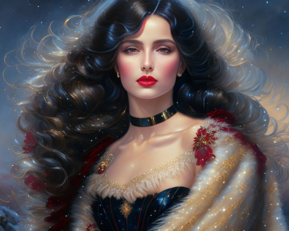 Digital painting of woman with curly hair, red lips, in gold-detailed cloak