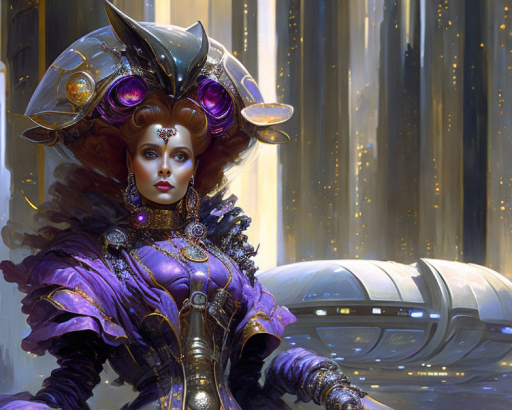 Regal Woman in Futuristic Purple Outfit and Golden Helmet