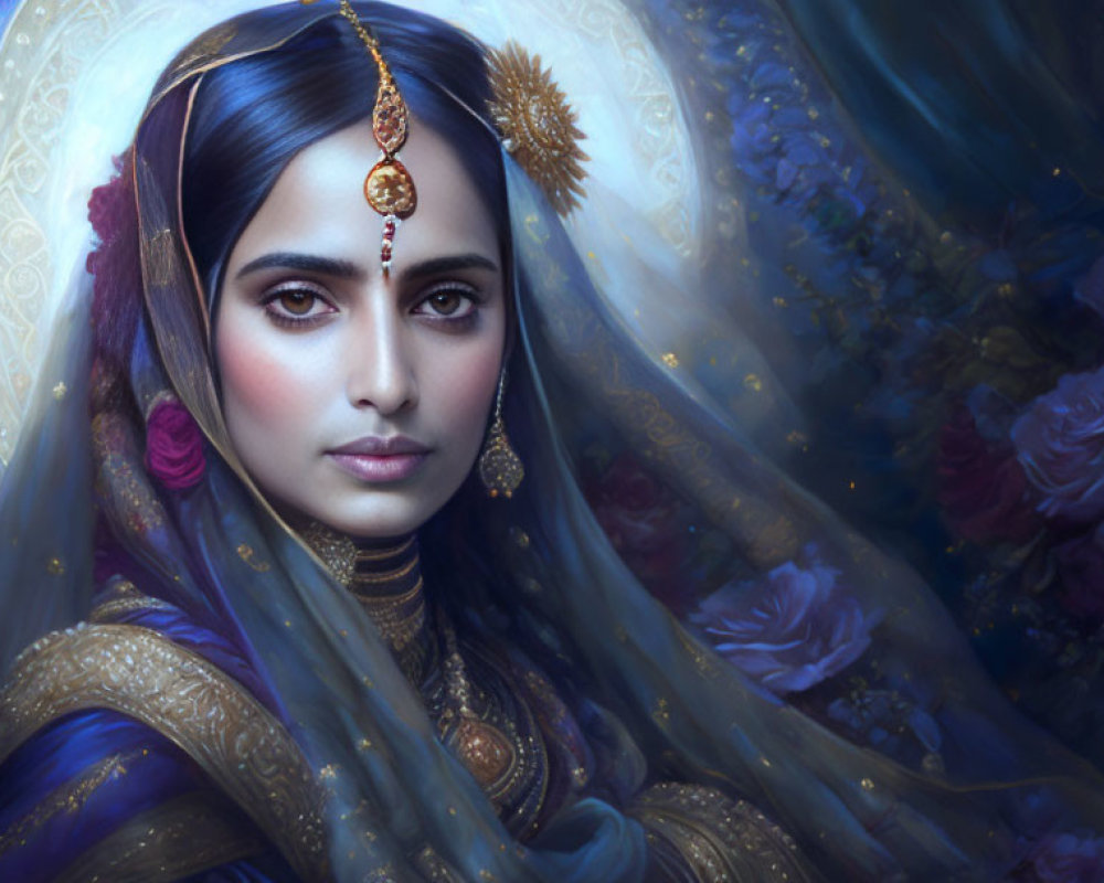 Traditional Indian woman portrait in elaborate attire and jewelry on floral backdrop