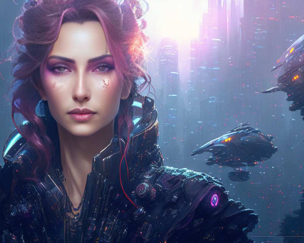 Futuristic woman with purple hair in cybernetic armor in cityscape with flying vehicles