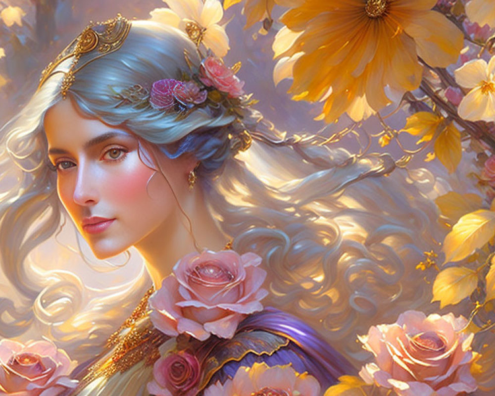 Blue-haired woman with floral crown in warm glow amid yellow flowers