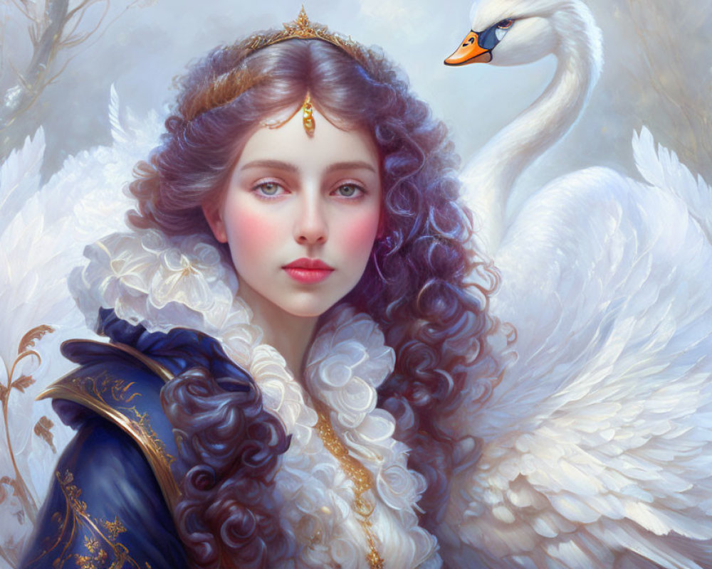 Fantasy portrait of woman with ruffled collar, blue cloak, gold jewelry, and white swan