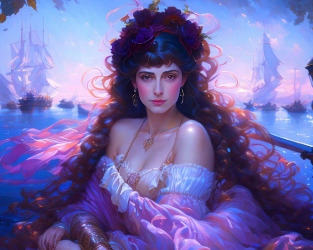 Woman in purple gown with rose by sea at twilight with ships