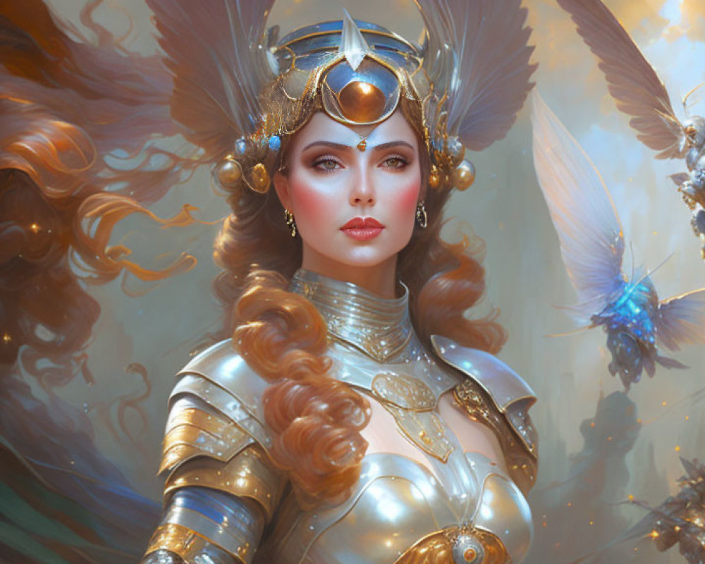 Digital Artwork: Woman in Golden Armor with Ethereal Creatures