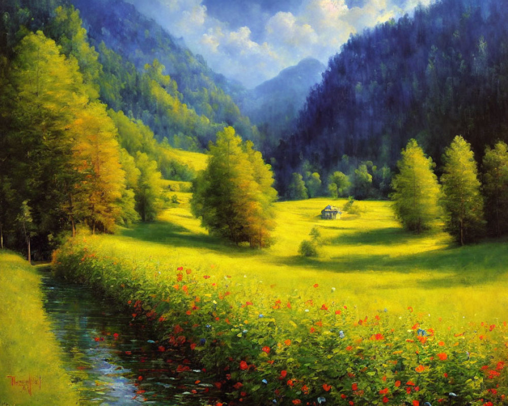 Scenic pastoral landscape with riverbank, flowers, house, trees, and mountains
