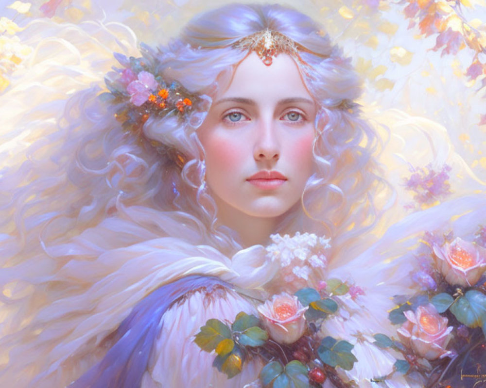 Portrait of woman with white hair, floral decorations, feathered cloak, in dreamy pastel floral