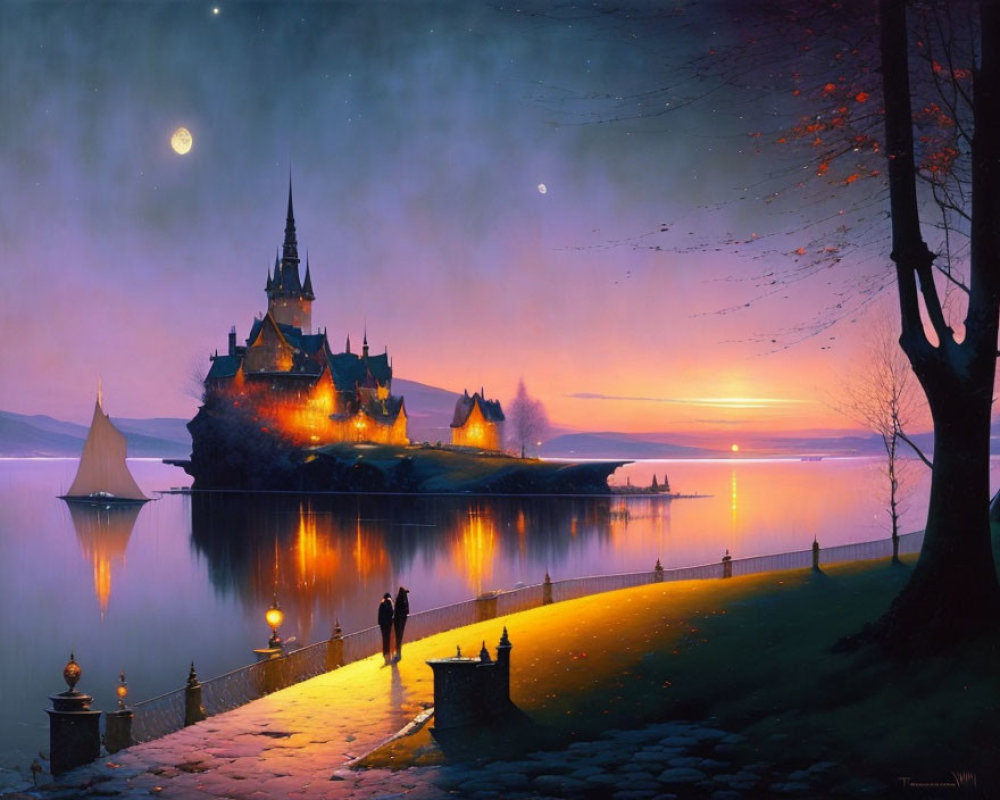 Romantic twilight scene with couple by calm lake, street lamps, sailboat, castle, starry