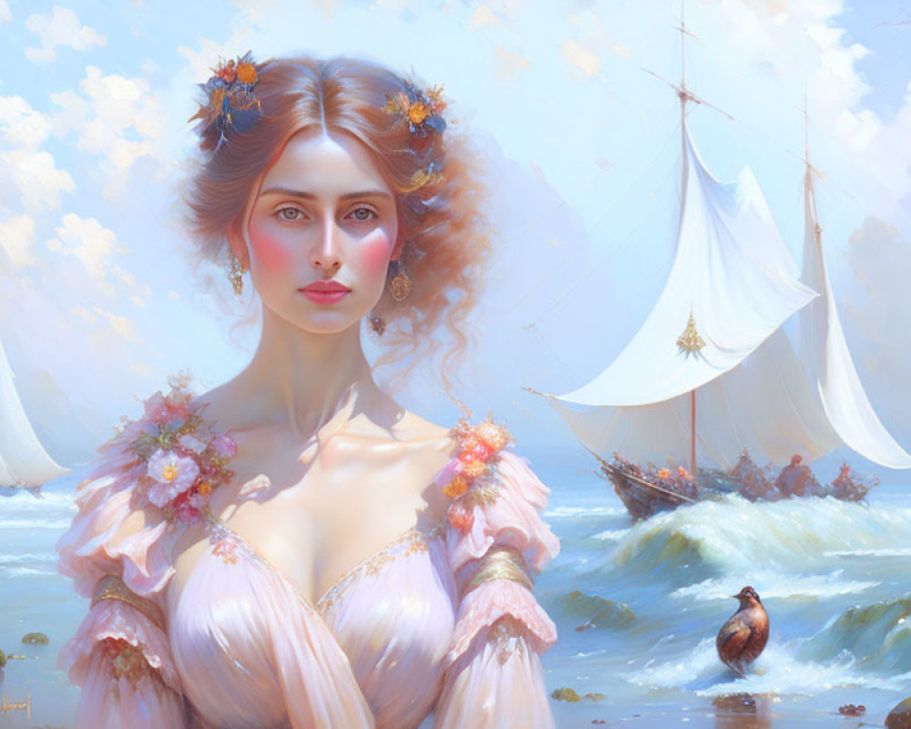 Portrait of a woman with auburn hair and flowers, looking ahead, with sailboat and waves