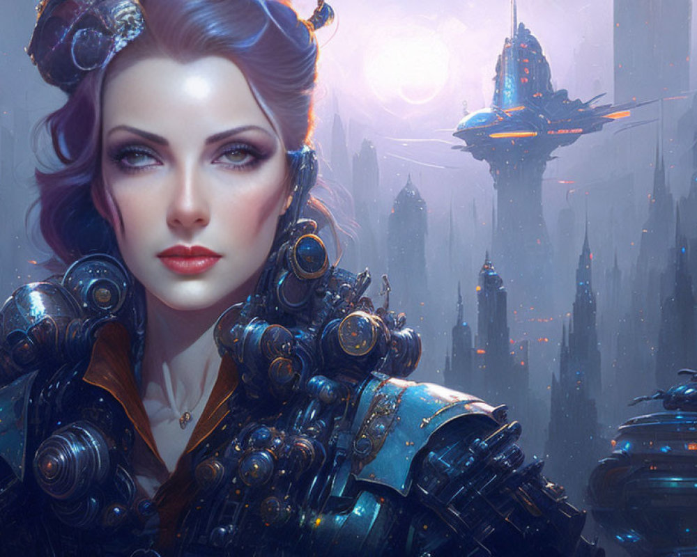 Female Cyborg with Mechanical Shoulders in Futuristic Cityscape under Red Sun
