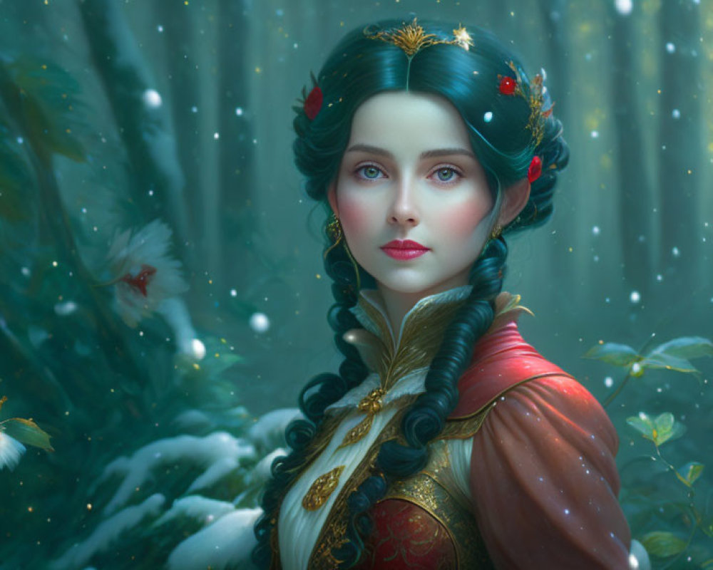 Digital artwork: Woman with braided hair in regal attire, enchanted forest, butterflies, glowing lights
