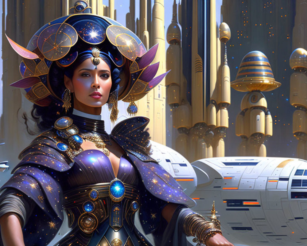 Futuristic digital artwork of a woman in space attire amid towering structures